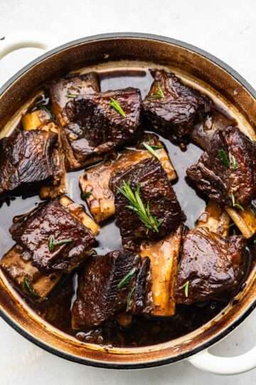 Braised beef short ribs in a rich red wine sauce.