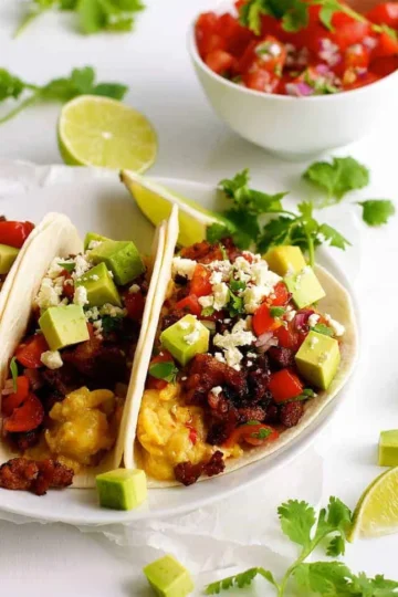 Spicy Chorizo Breakfast Tacos topped with avocado and queso fresco