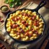 A pot of bourbon bacon mac and cheese with cheese pull and crispy bacon on top.