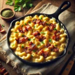 A pot of bourbon bacon mac and cheese with cheese pull and crispy bacon on top.