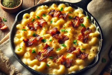 A pot of bourbon bacon mac and cheese with cheese pull and crispy bacon on top.