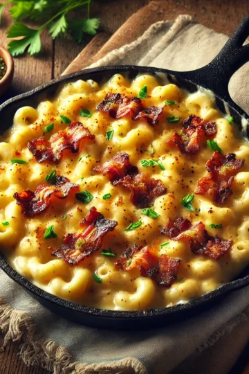 A pot of bourbon bacon mac and cheese with cheese pull and crispy bacon on top.