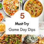 A platter featuring five small bowls of different game day dips, surrounded by chips and veggies.