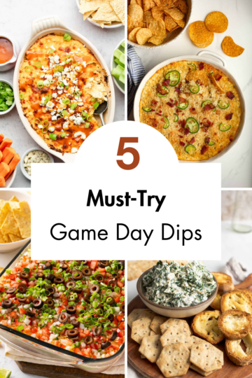 A platter featuring five small bowls of different game day dips, surrounded by chips and veggies.