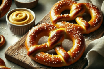 Freshly baked Chewy Homemade Soft Pretzels stacked on a wooden board, sprinkled with coarse salt