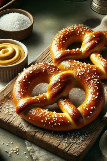 Freshly baked Chewy Homemade Soft Pretzels stacked on a wooden board, sprinkled with coarse salt