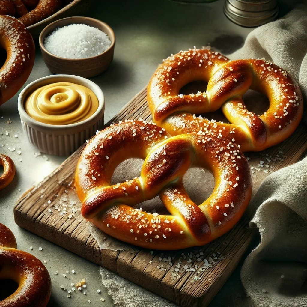 Freshly baked Chewy Homemade Soft Pretzels stacked on a wooden board, sprinkled with coarse salt