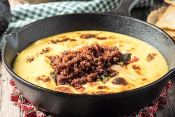 Queso Fundido with chorizo in a cast-iron skillet, topped with melted cheese and peppers.