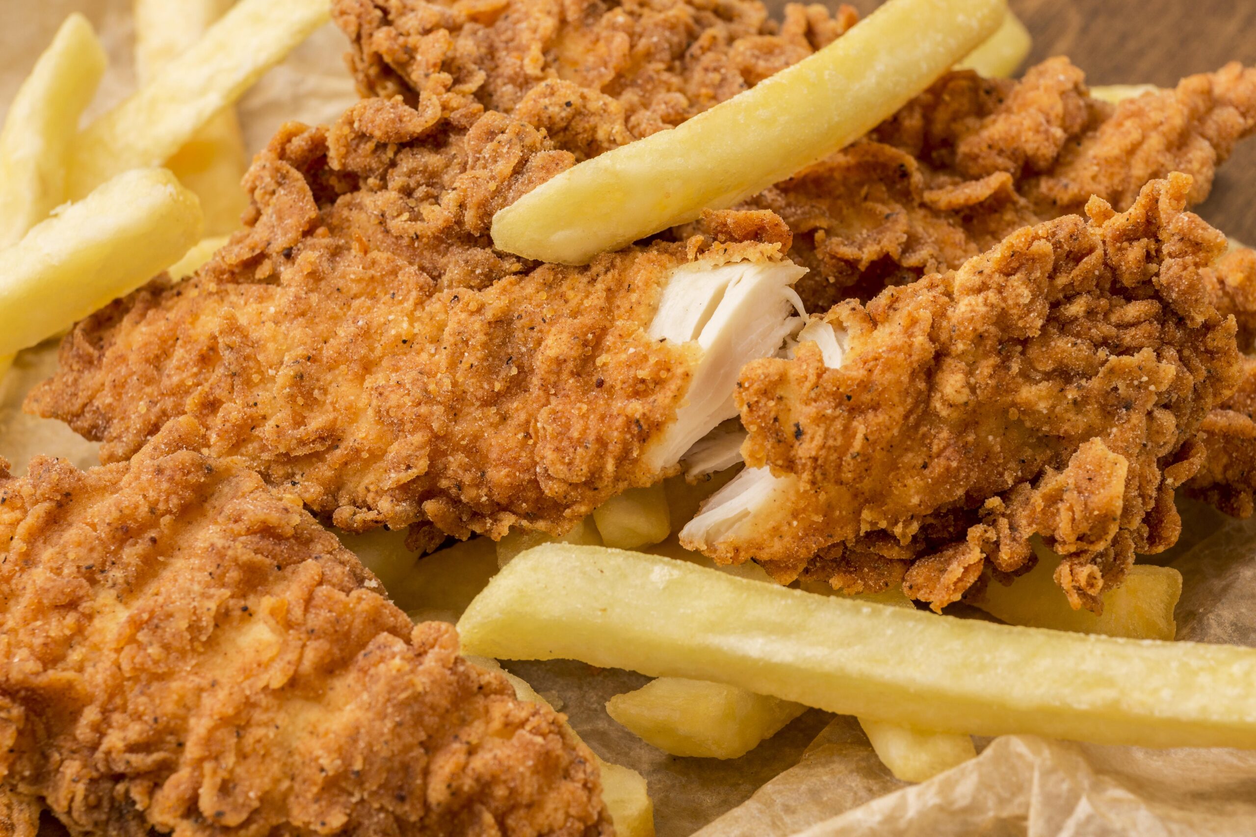 Close up image of crispy fried chicken and crispy french fries