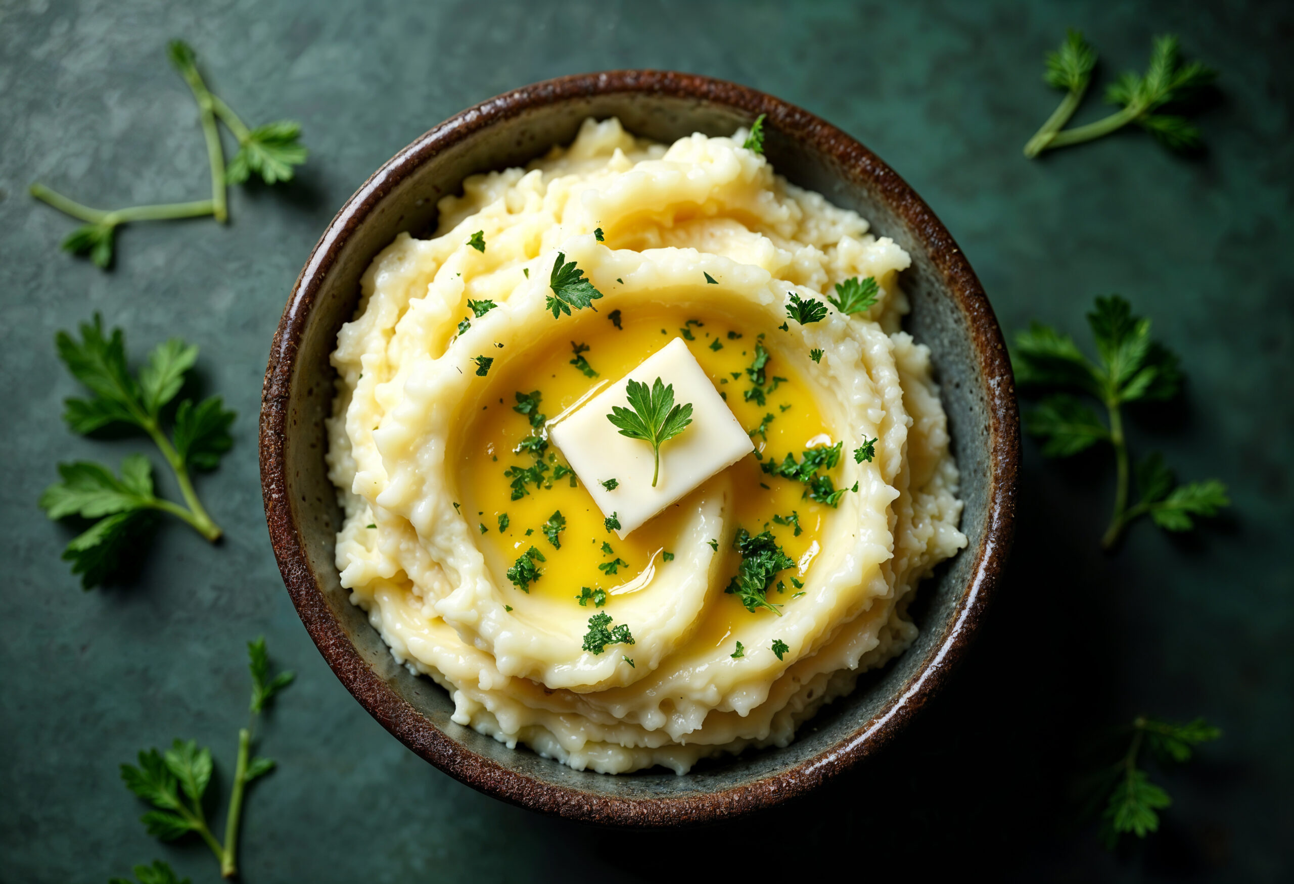 Image of creamy mashed potatoes with butter melting