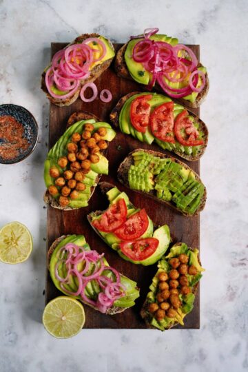 Vegan Avocado Toast with a savory twist, topped with plant-based extras.