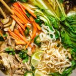 Udon Chicken Soup with Vegetables featuring tender chicken, udon noodles, bok choy, shiitake mushrooms, and a miso-infused broth