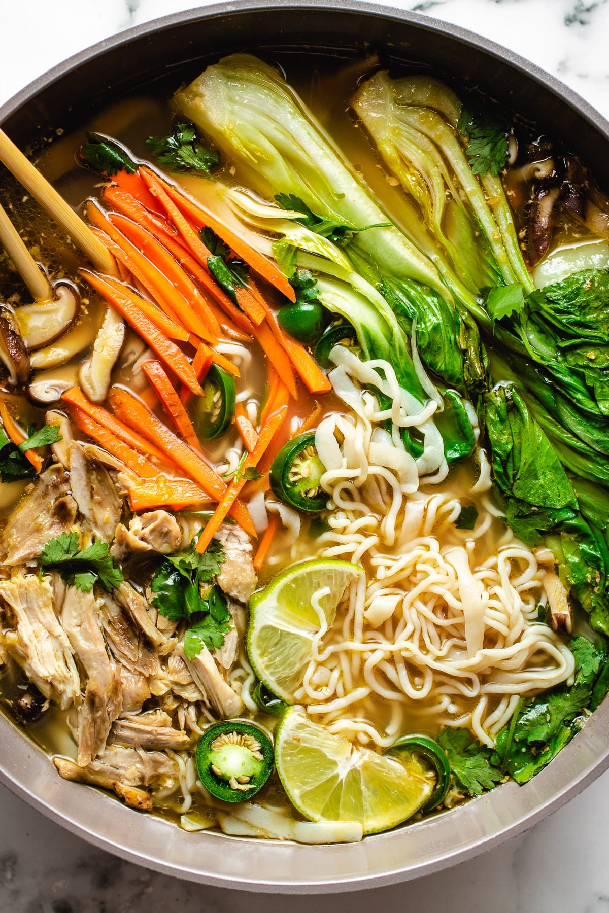 Udon Chicken Soup with Vegetables featuring tender chicken, udon noodles, bok choy, shiitake mushrooms, and a miso-infused broth