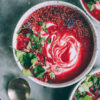 Roasted Beet Soup in a rustic bowl, garnished with a swirl of crème fraîche, fresh dill, and a drizzle of olive oil